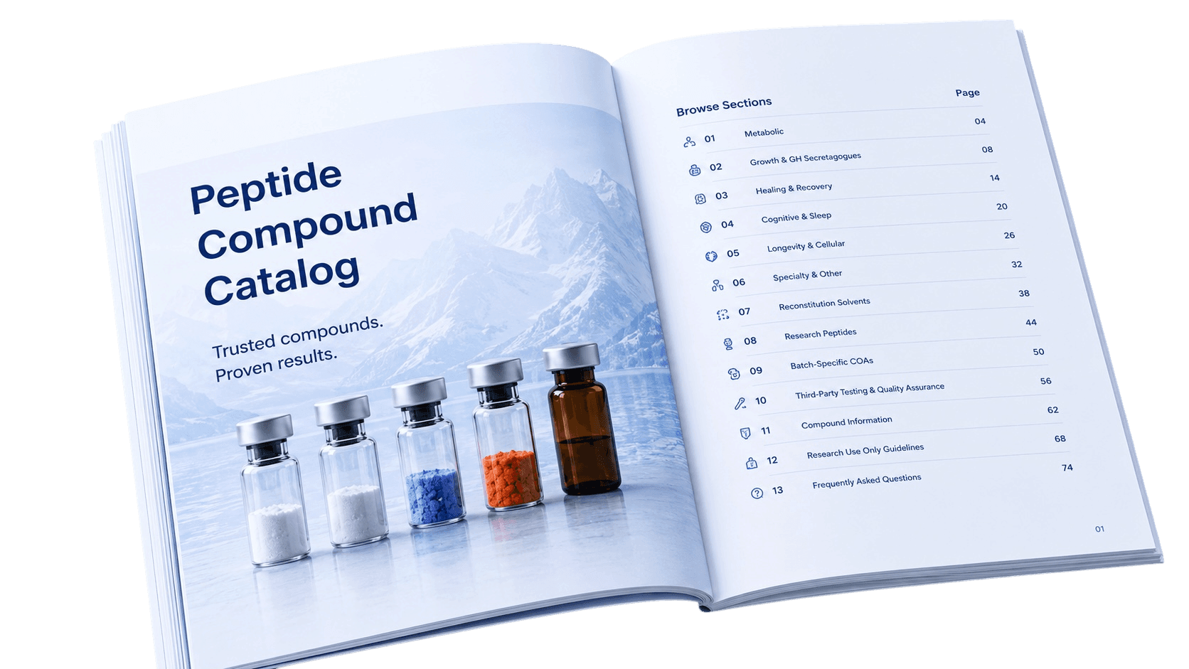 Open Sera Club compound catalog showing its contents page, including batch-specific CoAs and third-party testing.