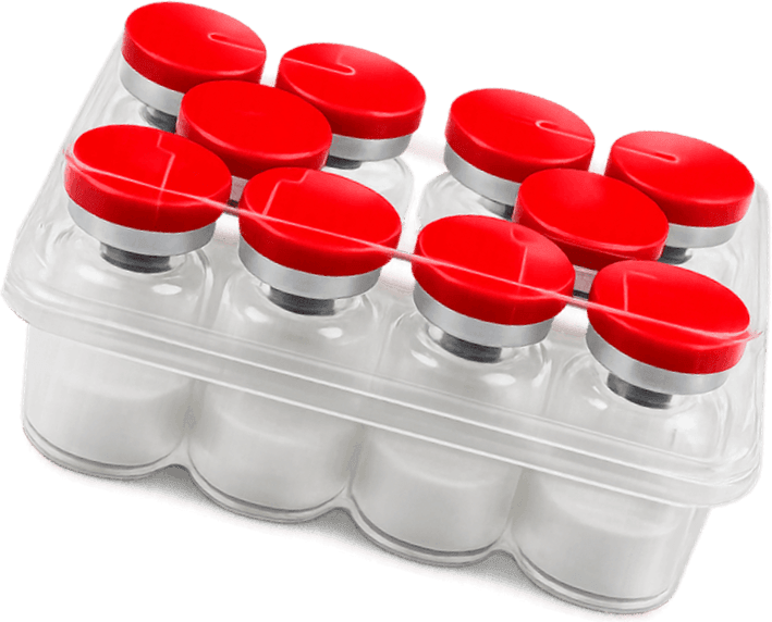 Kit of unlabeled research vials with red caps in a clear tray, tilted.